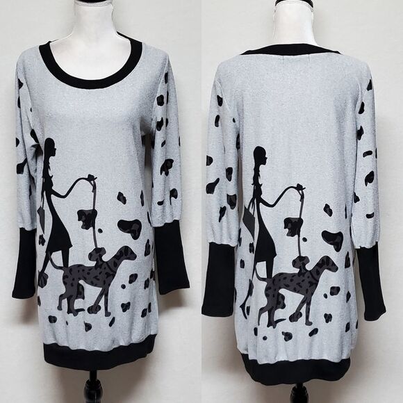 Allegra K Dresses & Skirts - ALLEGRA-K Walking Dalmatian Gray Black Scoop Neck Long Sleeve Sweater Dress L